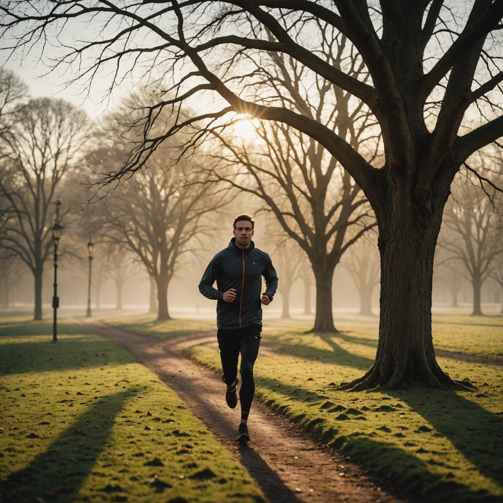 A solitary runner on a quiet park path at sunrise, captured from the side…