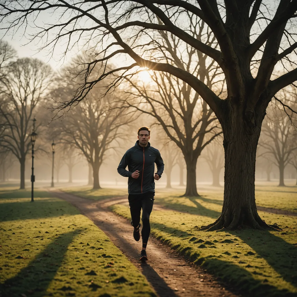 A solitary runner on a quiet park path at sunrise, captured from the side…