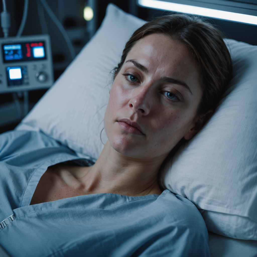 A photorealistic portrait of a fit young woman in her mid-thirties lying awake in…