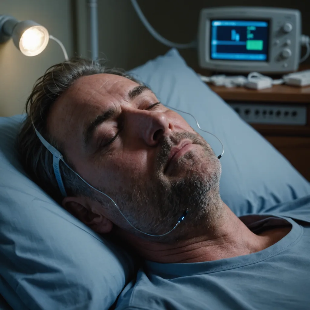 A close-up photorealistic shot of a sleeping middle-aged man lying on his back in…