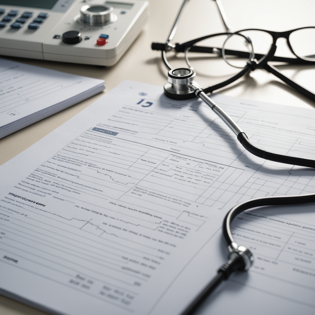 A photorealistic still-life of a polysomnography report printout resting on a clean white desk…