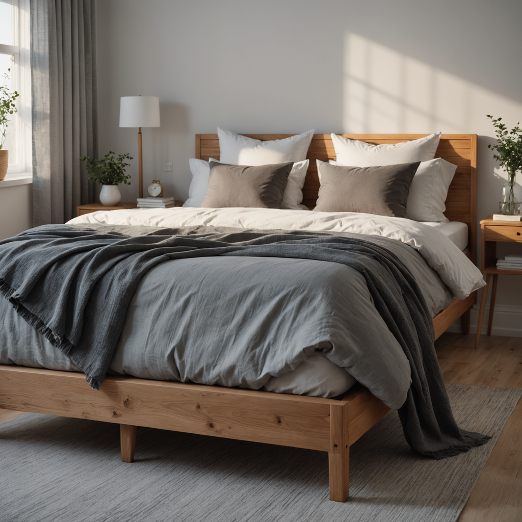 A pristine bedroom interior at golden hour, soft morning light streaming through sheer linen…