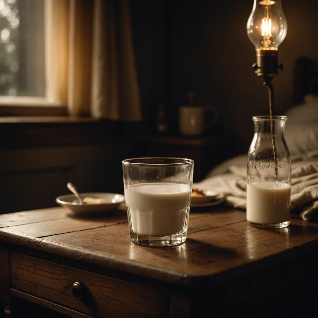 A close-up still life of a single glass of warm milk resting on a…