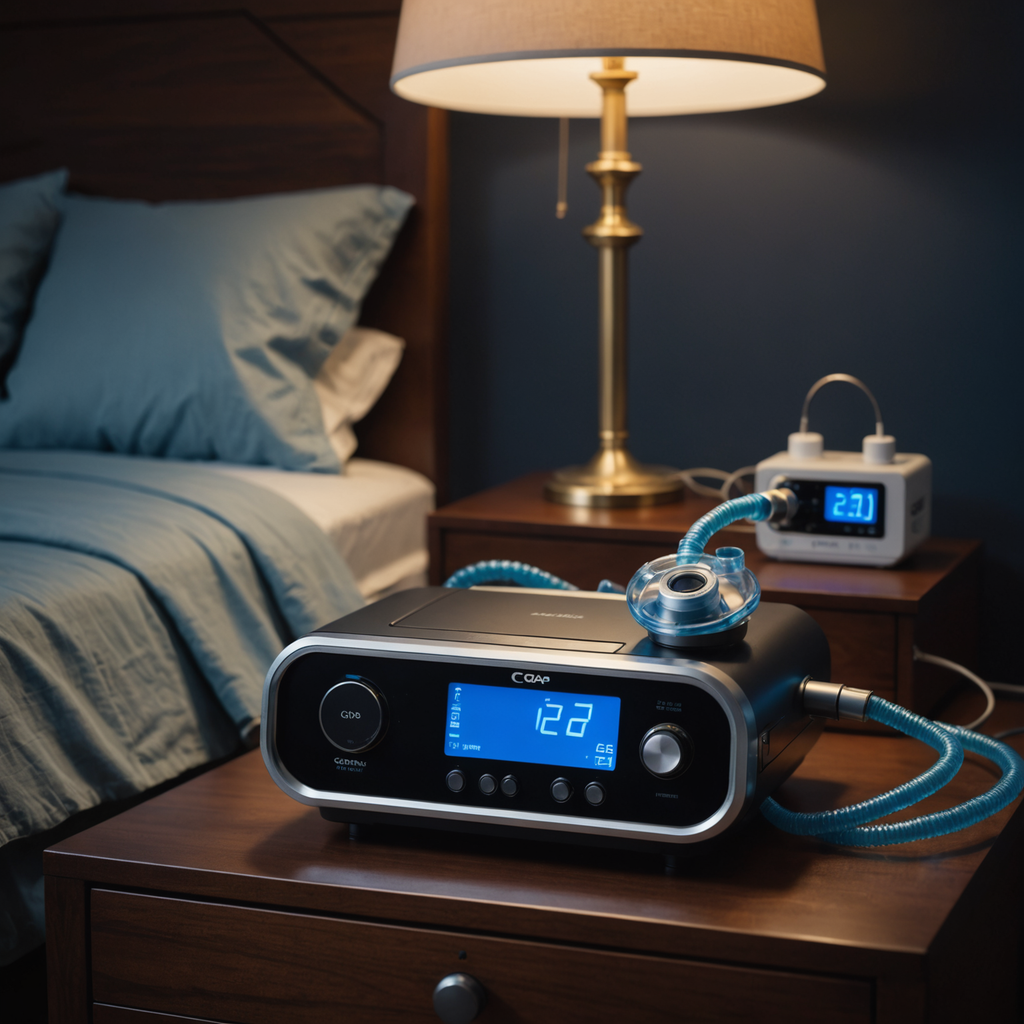 A photorealistic close-up of a modern CPAP machine resting on a dark wooden nightstand…
