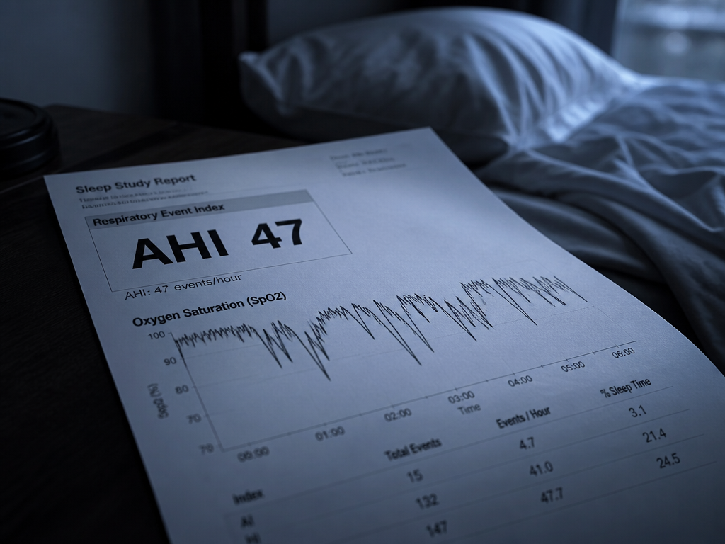 A close-up photorealistic photograph of a single printed sleep study report resting on a…