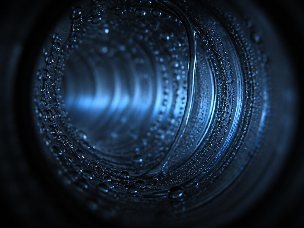 Extreme macro photograph of the interior of a translucent CPAP hose at night, tiny…