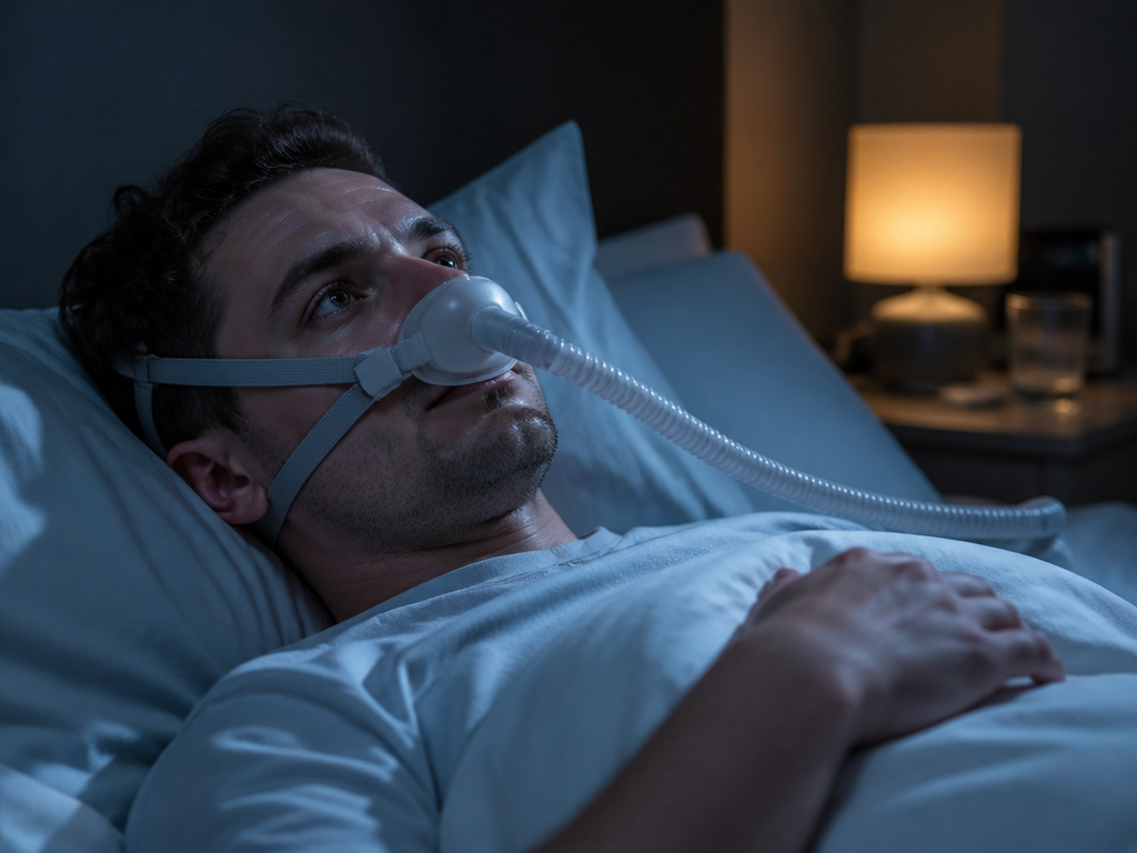 A close-up photorealistic photograph of a person lying on their back in bed at…