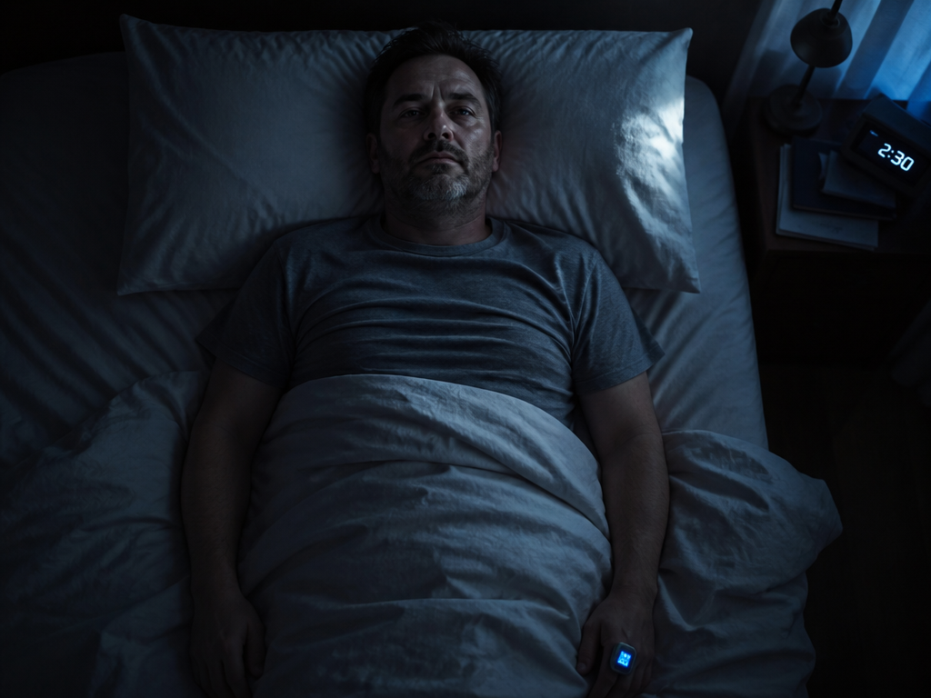 A photorealistic overhead shot of a tired middle-aged man lying awake on his back…