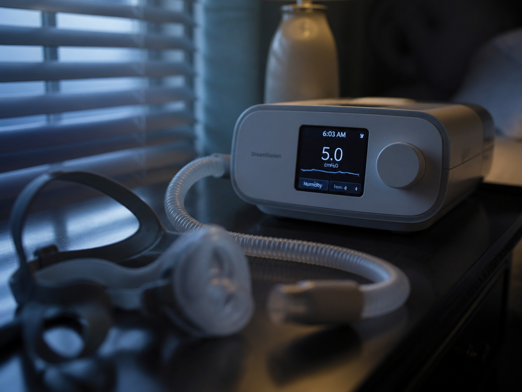 A close-up photorealistic still life on a dark wooden nightstand at dawn: a modern…