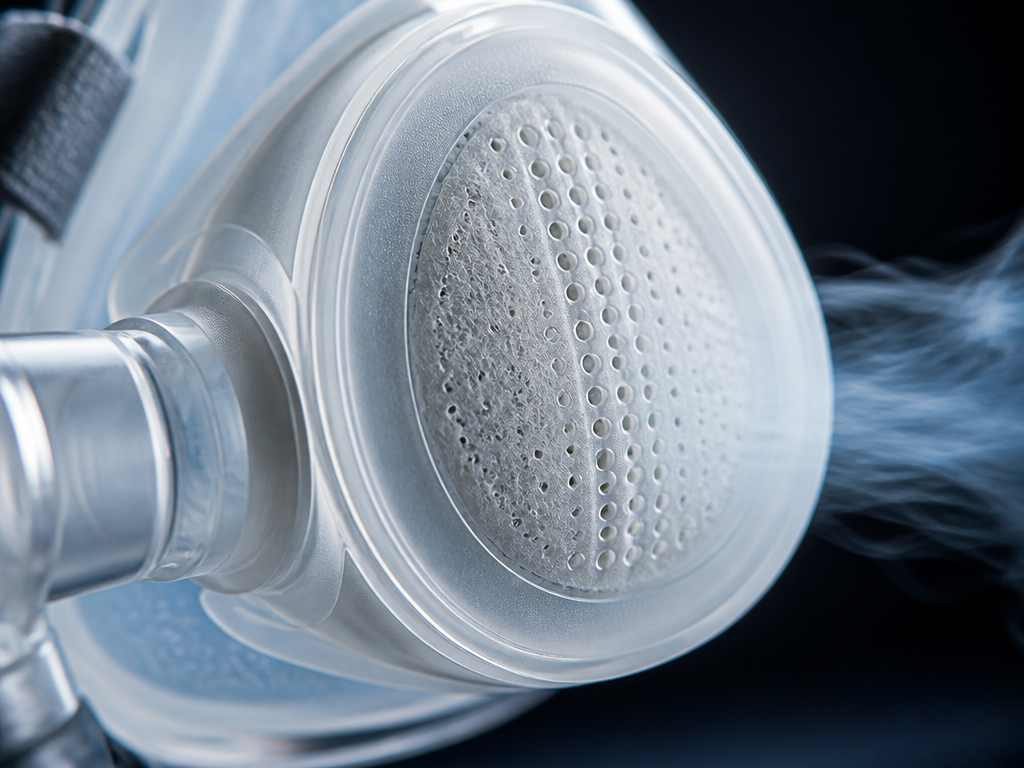 Extreme macro photograph of a modern CPAP mask's exhalation vent, focusing on the field…