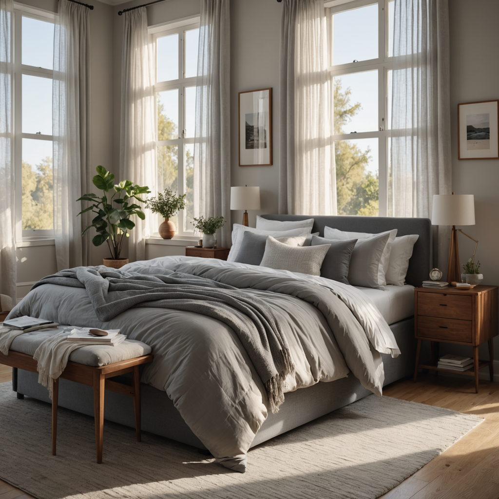 A serene, professionally styled bedroom interior at golden hour, sunlight streaming through sheer linen…