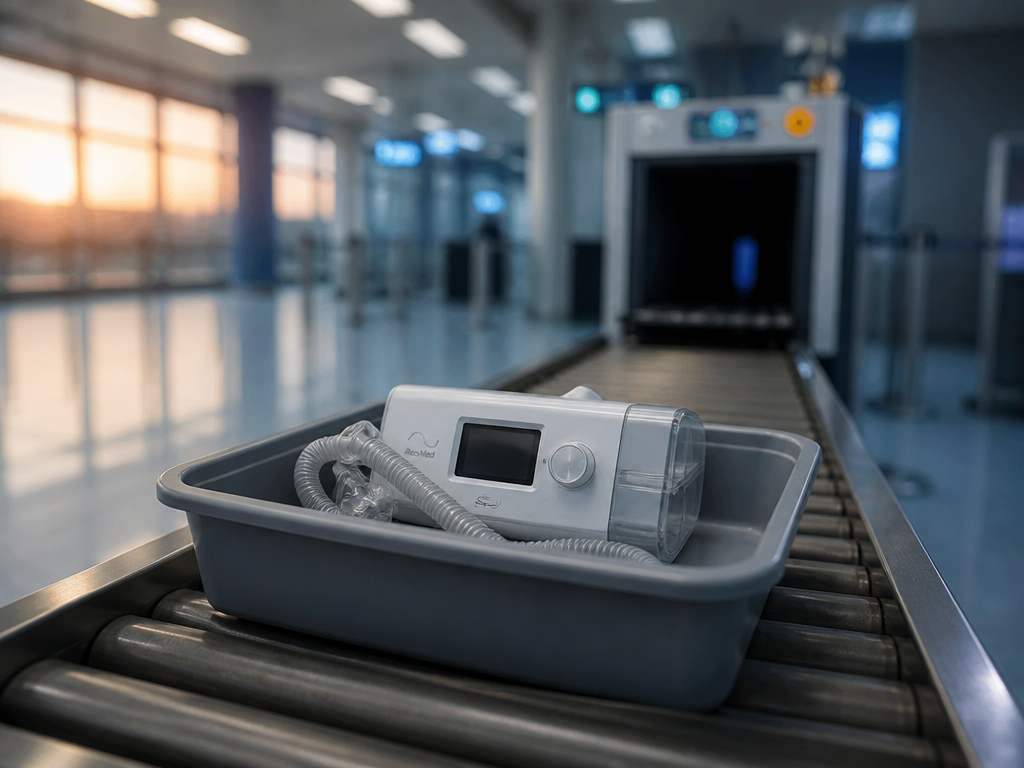 A photorealistic image of an airport security checkpoint captured in the early morning, where…