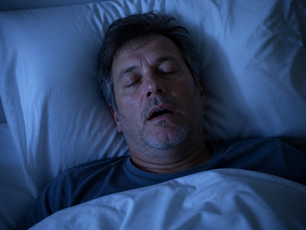 A close-up overhead photograph of a middle-aged person sleeping on their back in a…