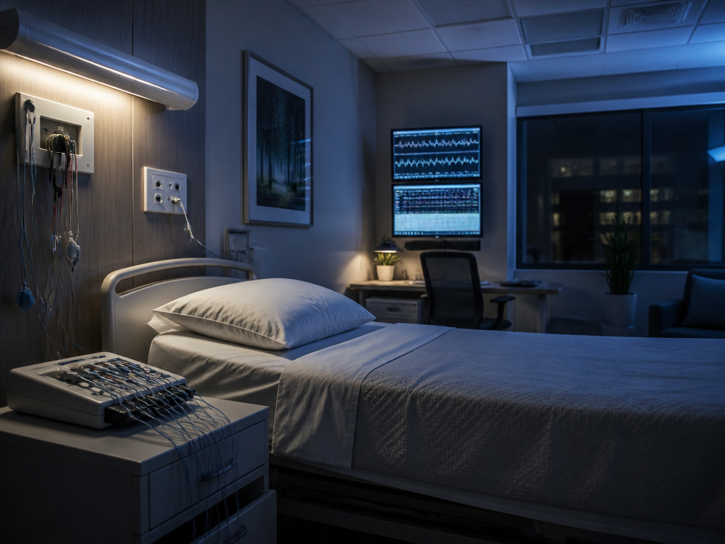 A serene modern sleep laboratory at night with an empty neatly made hospital-style bed…