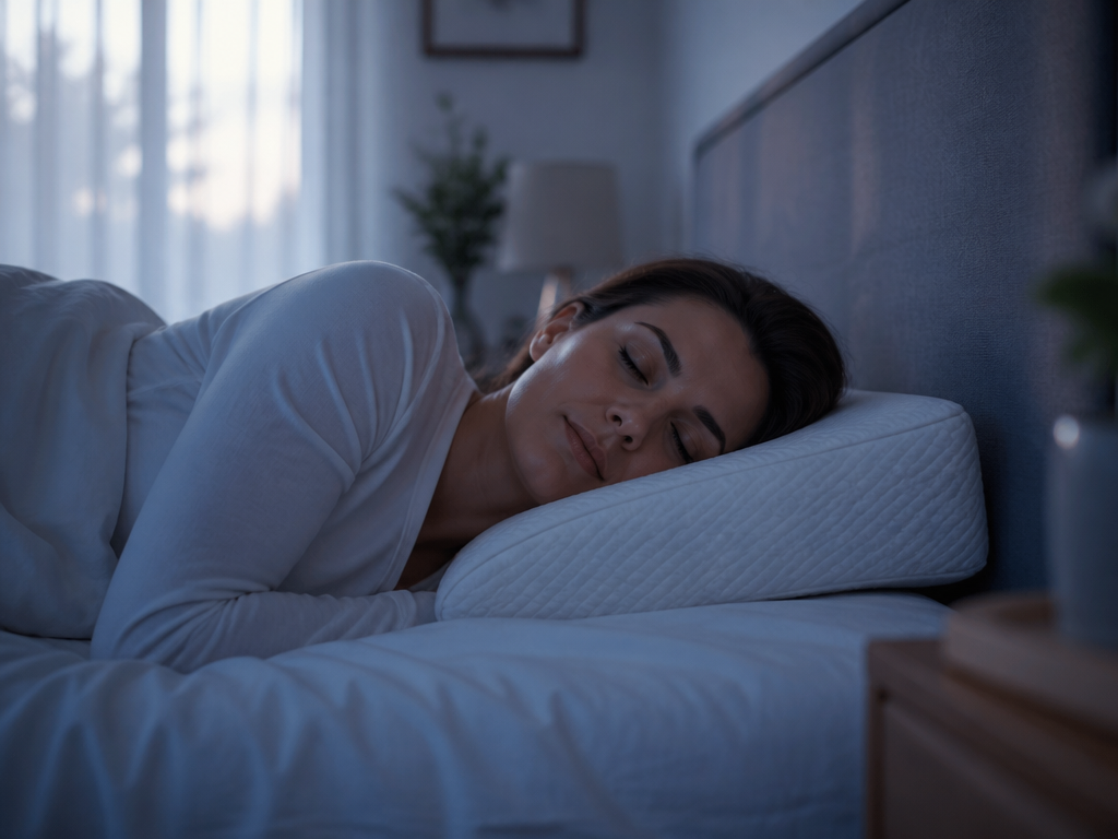 A serene, dimly lit bedroom at dawn captured in a wide cinematic composition, where…