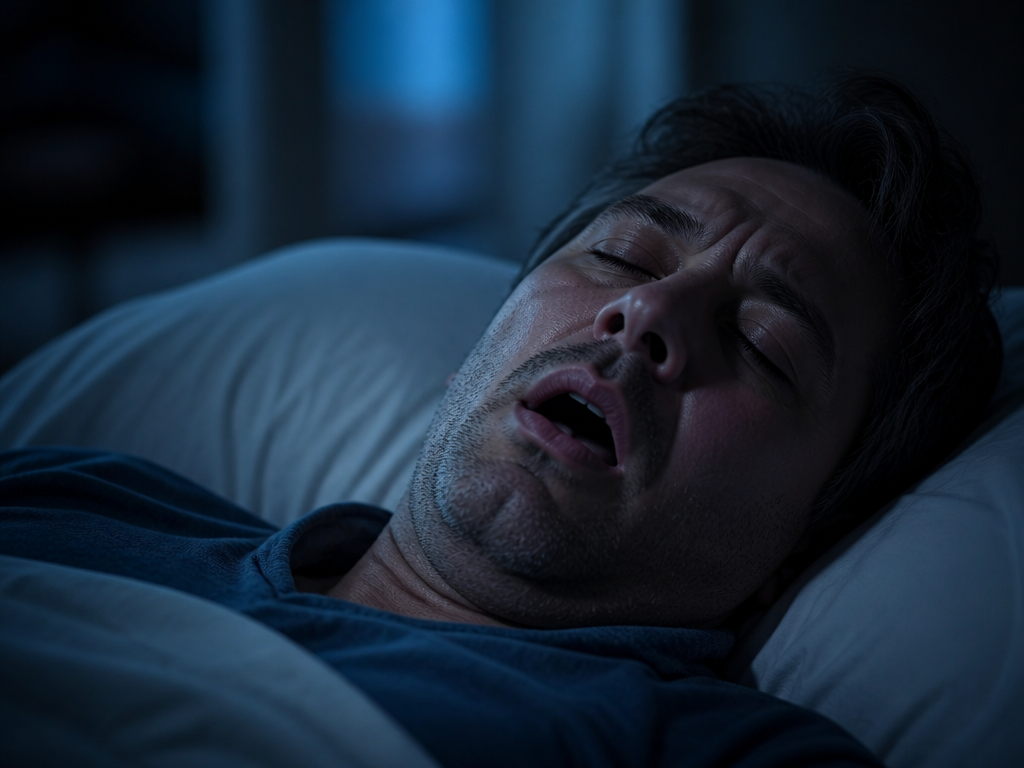 A close-up, photorealistic shot of a sleeping middle-aged man lying on his back in…