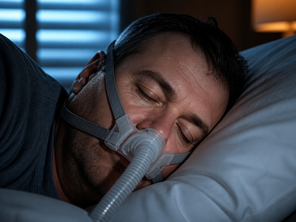 A photorealistic close-up portrait of a middle-aged man lying on his side in bed…