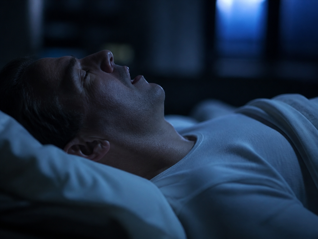 Photorealistic medical macro photograph capturing the quiet stillness of central sleep apnea: a person…