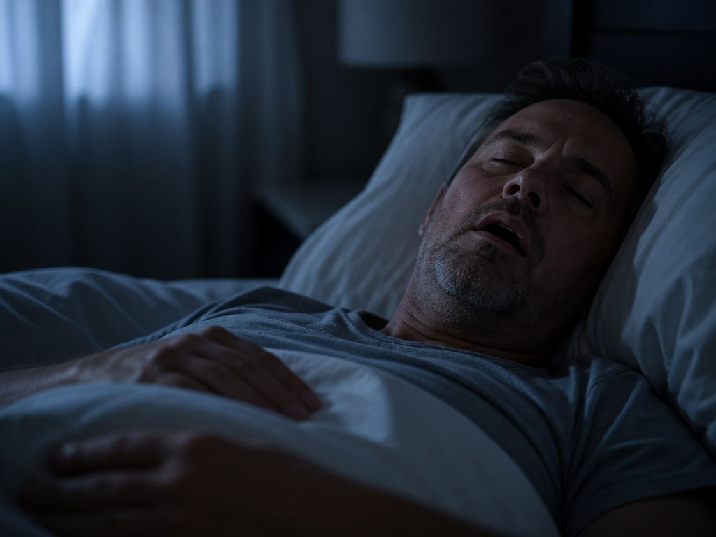 A close-up nighttime photograph of a middle-aged man asleep on his back in a…