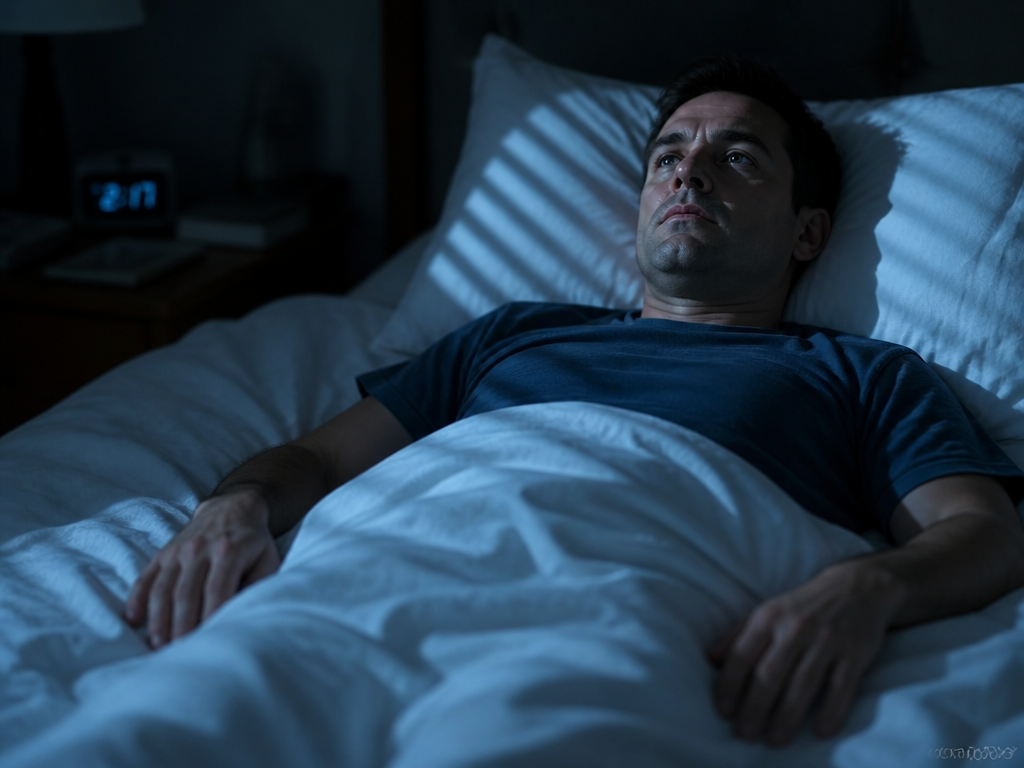A close-up photorealistic photograph of a man in his late thirties lying awake on…