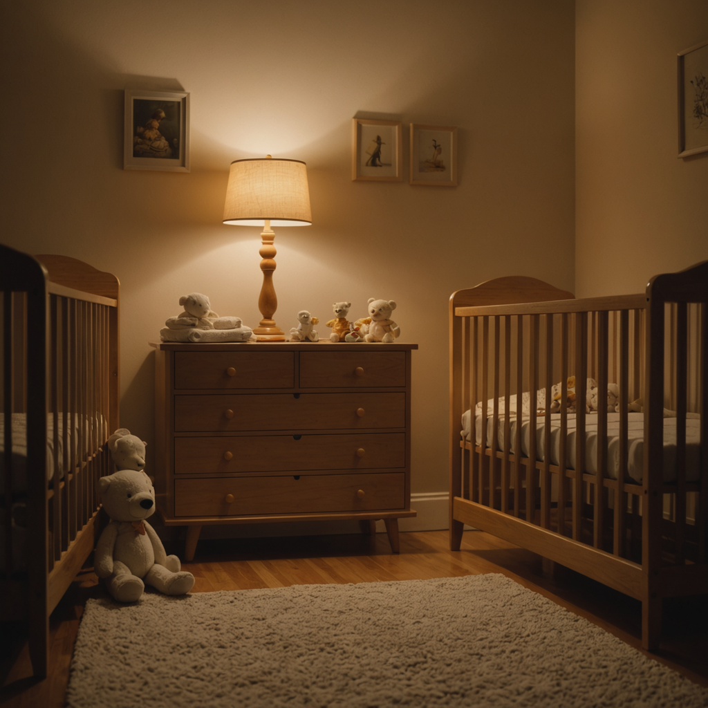 A dimly lit nursery at 2 a.m., shot in soft warm tones with a…