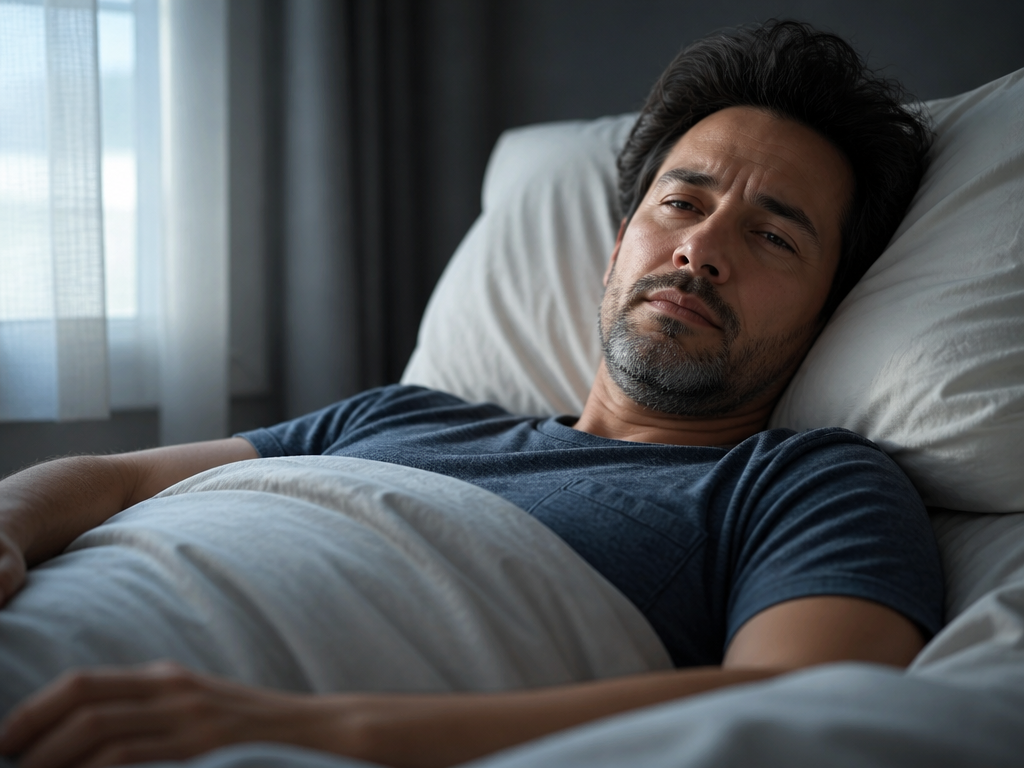 A close-up editorial portrait of a middle-aged person lying in bed just after waking…