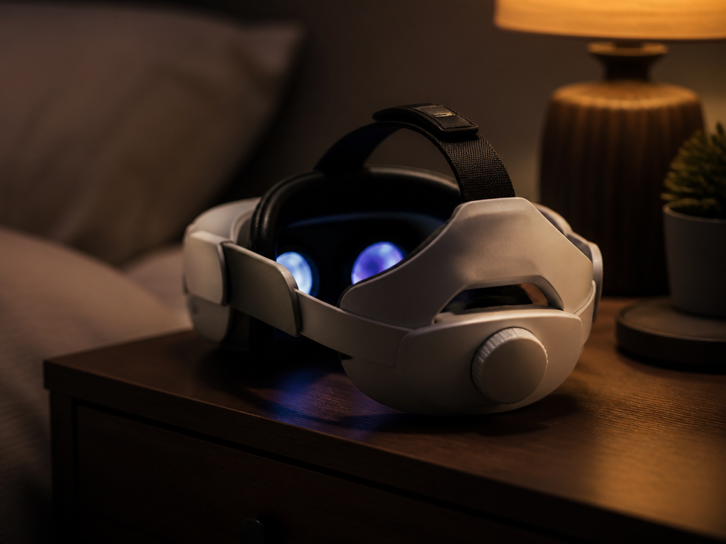 A close-up, intimate photograph of a modern white VR headset with a rigid aftermarket…
