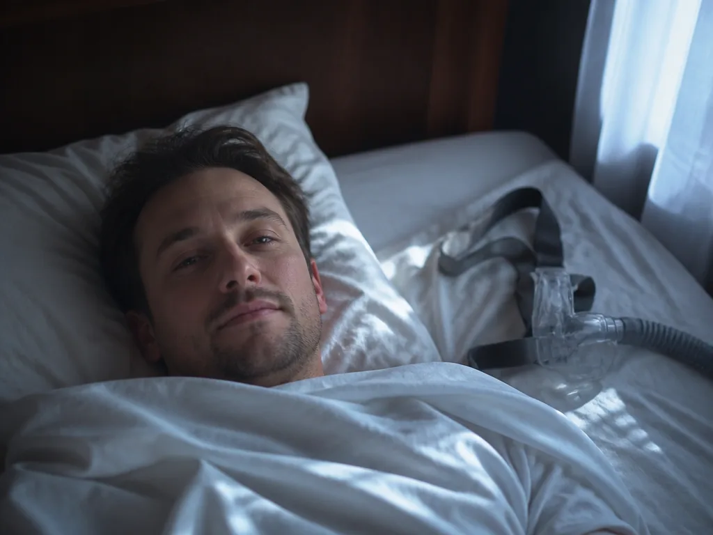 Close-up photograph of a person lying in bed at dawn, viewed from above, with…