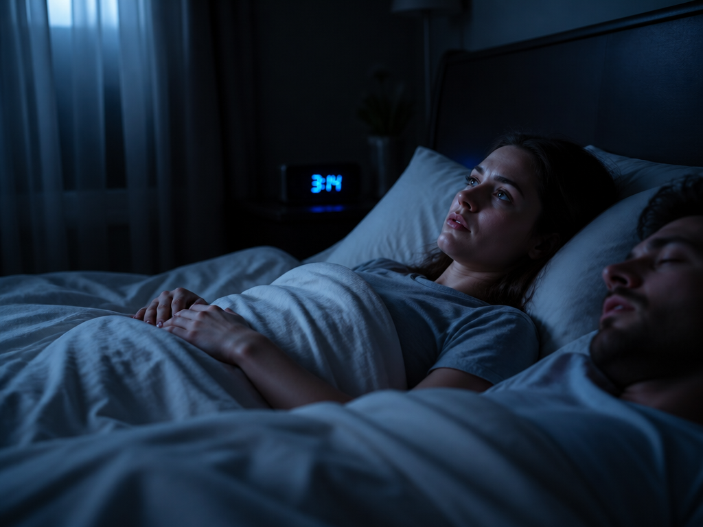 A dimly lit bedroom at 3 a.m., shot from a low angle beside a…