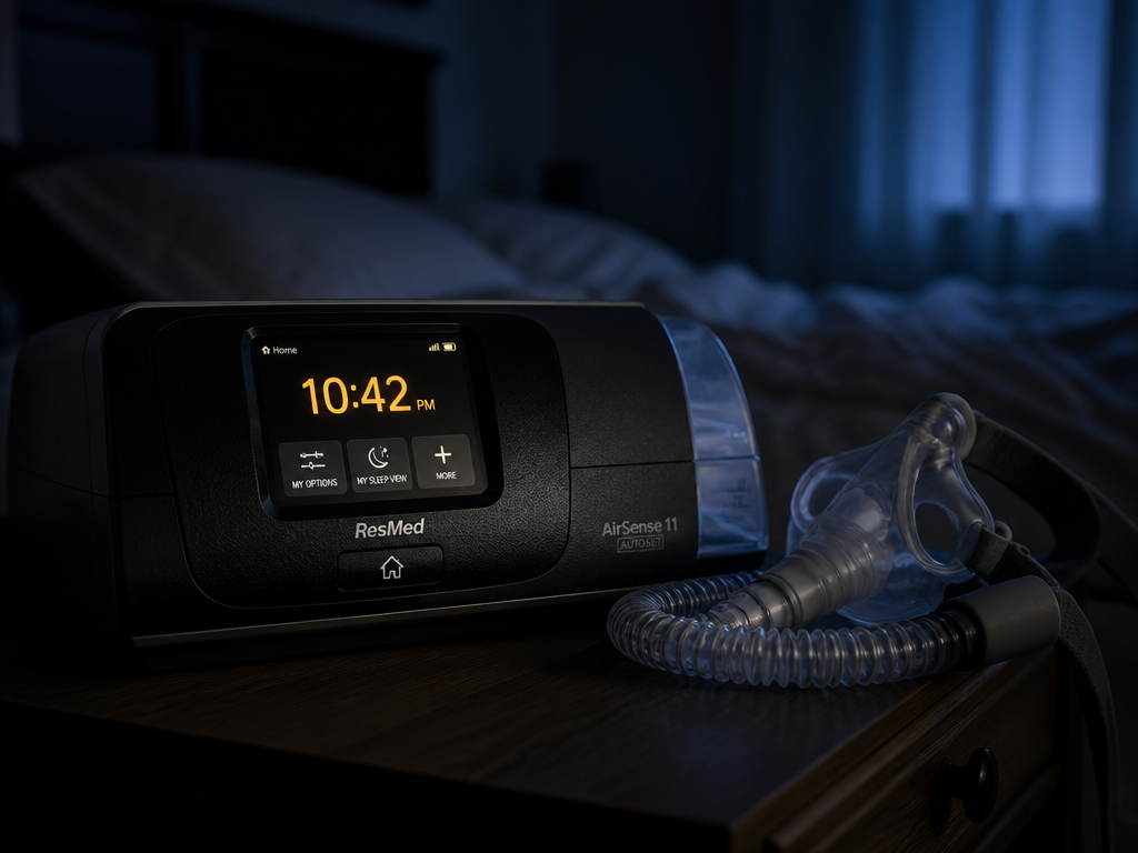 A photorealistic close-up of a modern CPAP machine resting on a wooden nightstand in…