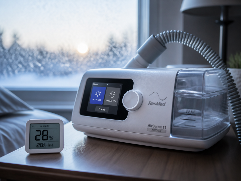 A close-up macro photograph of a modern white CPAP machine with an integrated humidifier…