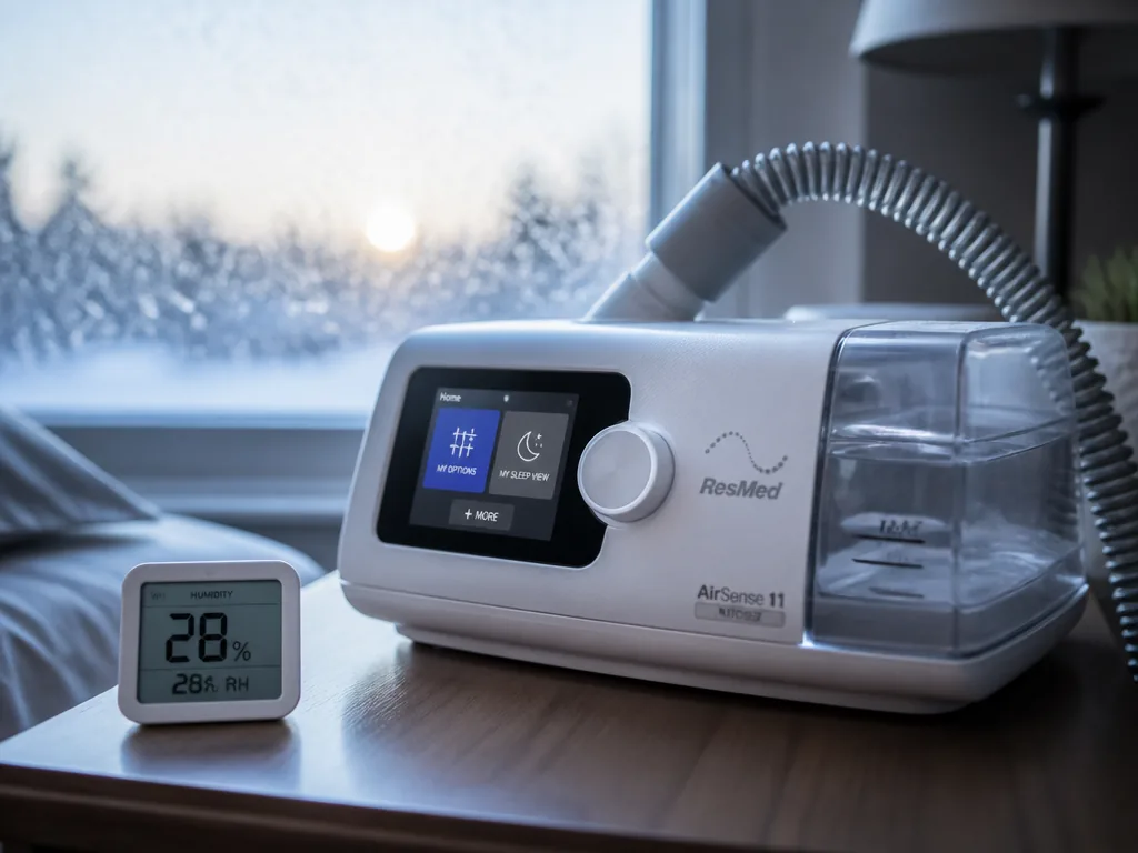 A close-up macro photograph of a modern white CPAP machine with an integrated humidifier…
