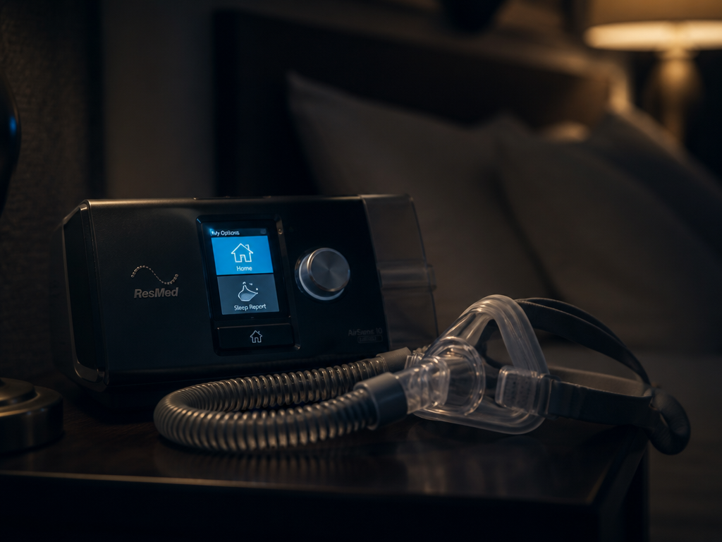 A close-up photorealistic photograph of a modern CPAP machine resting on a dark wooden…