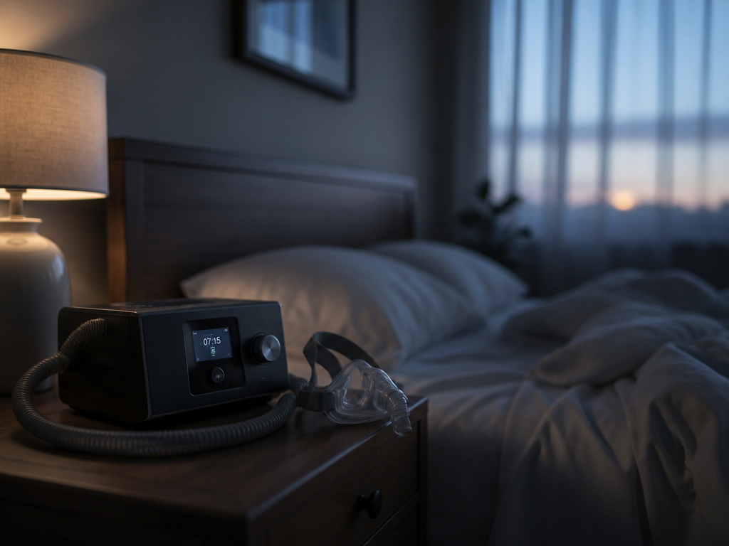 A quiet, dimly lit bedroom at dawn, captured in soft blue-grey morning light filtering…
