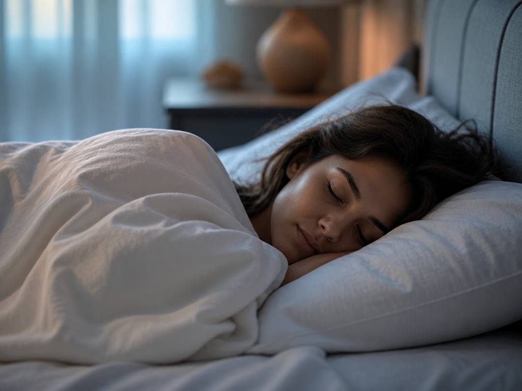 A serene early-morning bedroom scene captured in soft natural light filtering through sheer linen…