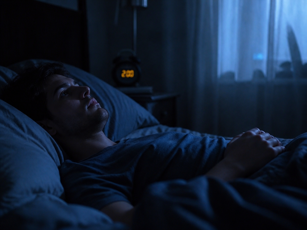 A photorealistic nighttime bedroom scene shot at 2 a.m., a person lying awake on…
