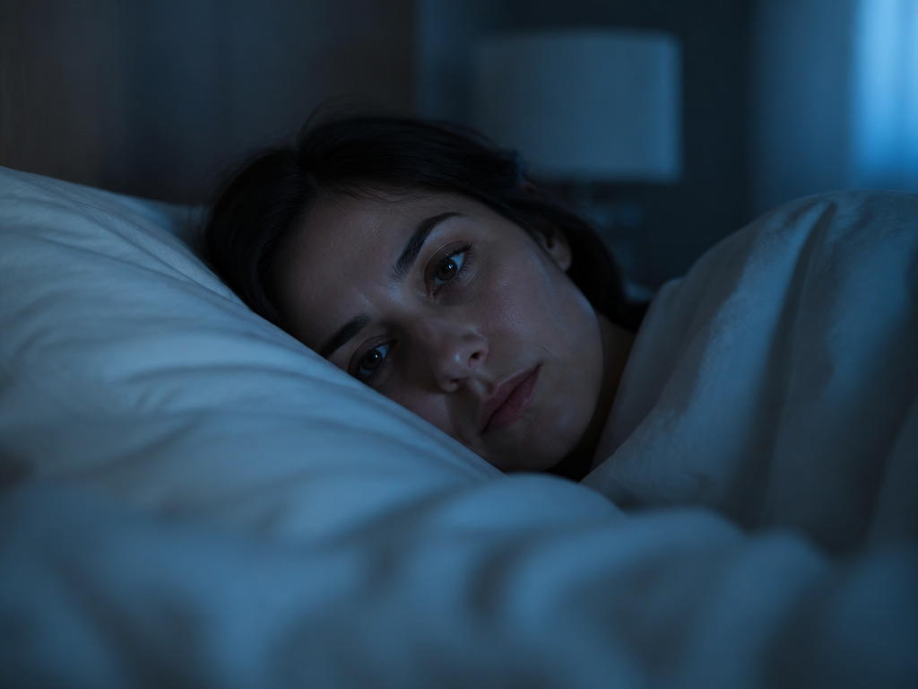 A photorealistic portrait of a young woman in her mid-twenties lying awake in a…