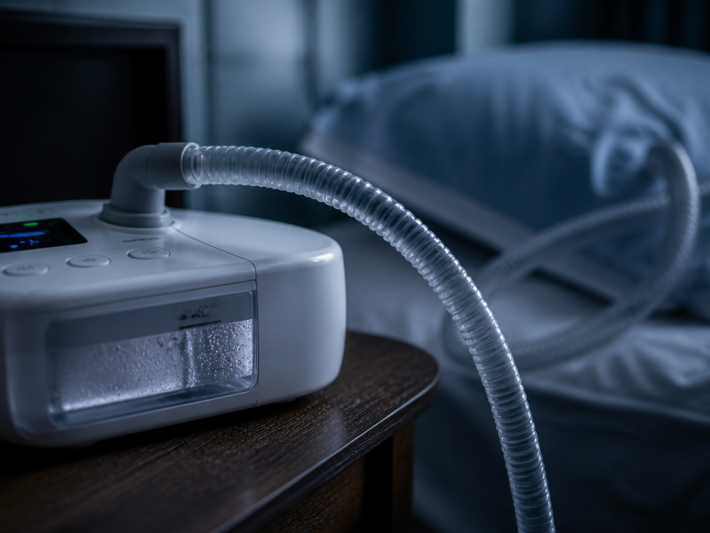 A photorealistic close-up of a modern white CPAP machine resting on a dark wooden…