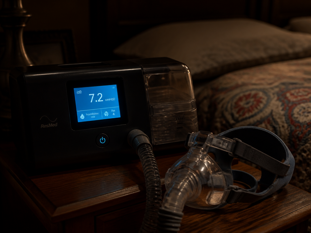 A photorealistic close-up of a CPAP machine resting on a wooden nightstand in a…