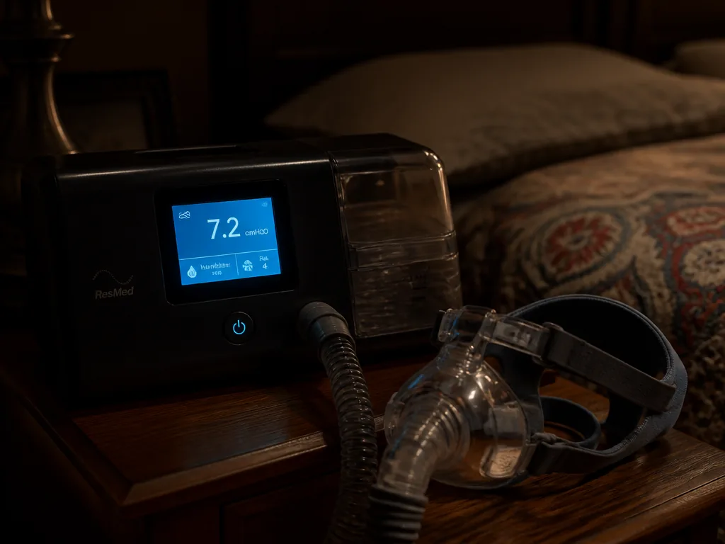 A photorealistic close-up of a CPAP machine resting on a wooden nightstand in a…
