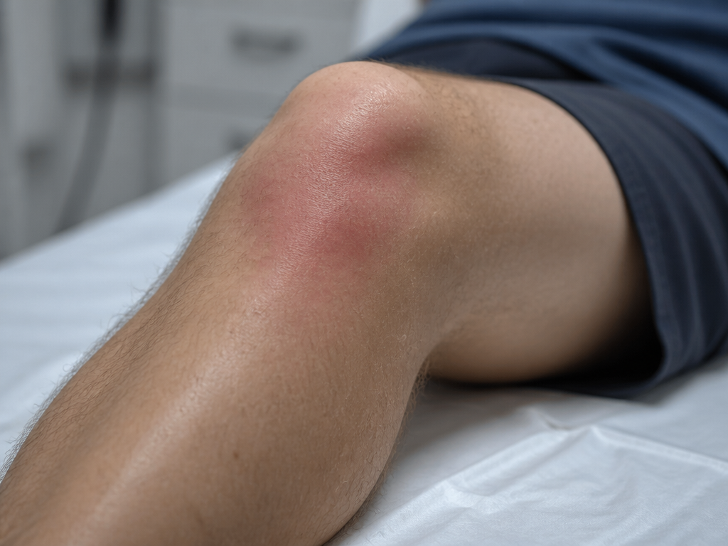 A photorealistic macro shot of a person's bare knee and lower leg resting on…