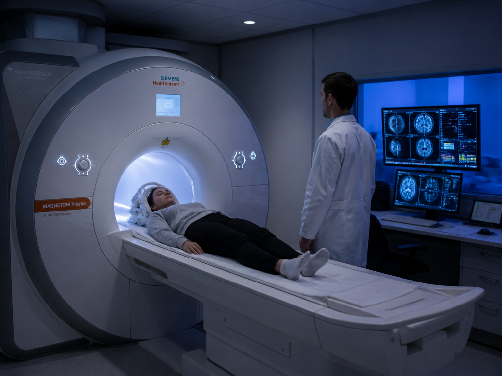 A clinical research scene inside a dim neuroscience lab, a young adult lying on…