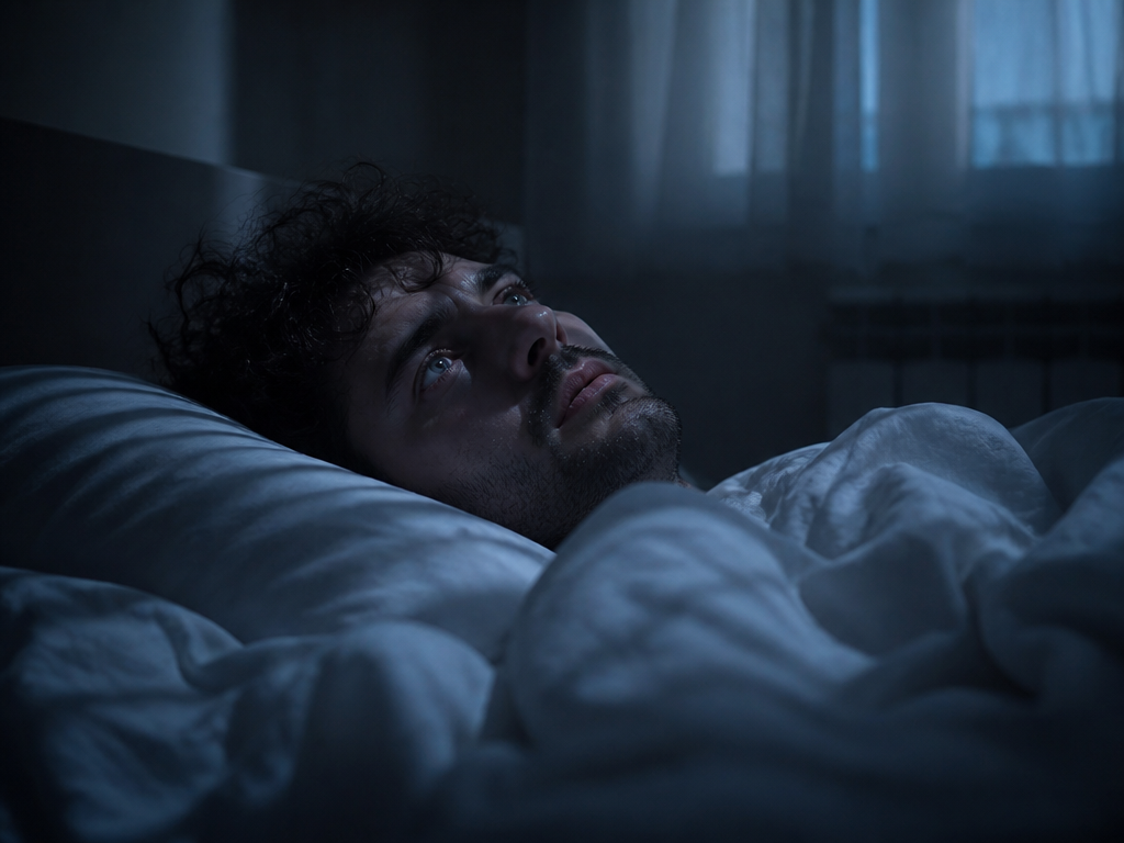 A close-up photorealistic portrait of a sleepless person lying awake in bed at 3…