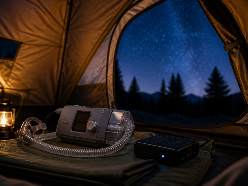 A photorealistic interior shot of a dome tent at night, illuminated softly from within…