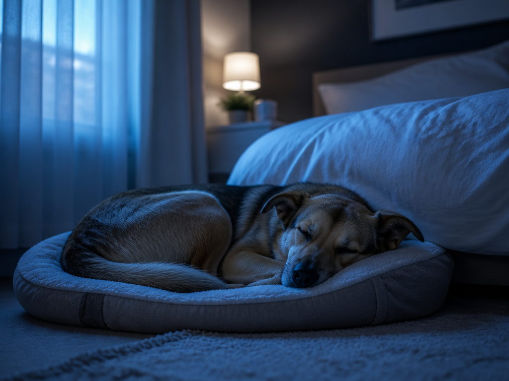 A serene nighttime bedroom scene shot in soft blue moonlight filtering through sheer curtains…