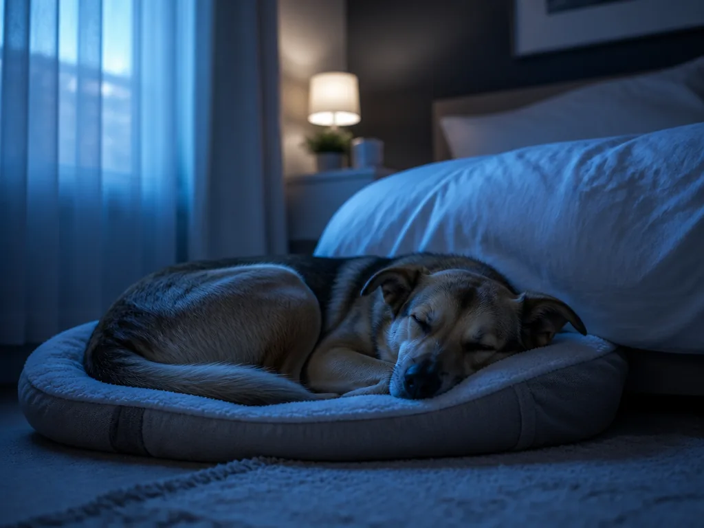 A serene nighttime bedroom scene shot in soft blue moonlight filtering through sheer curtains…