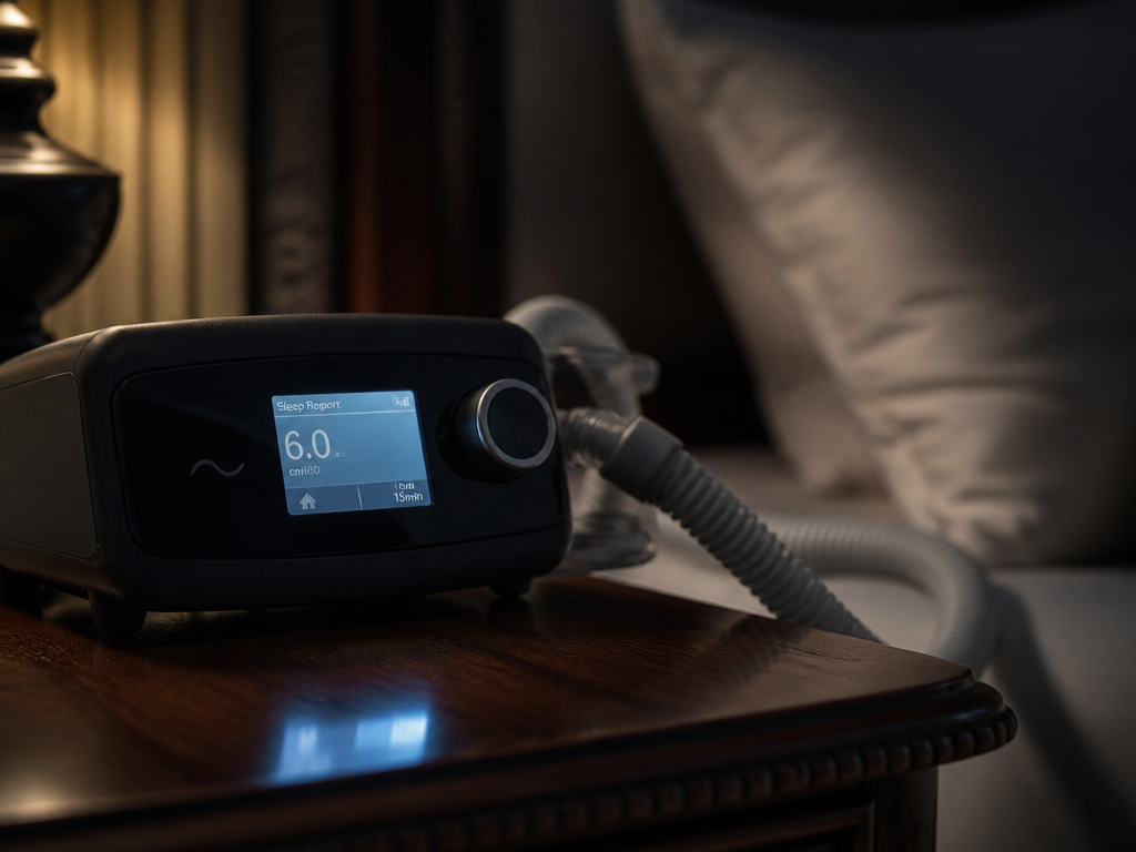 An intimate close-up of a CPAP machine resting on a wooden nightstand in dim…