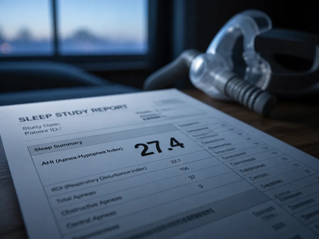A close-up photorealistic shot of a printed sleep study report resting on a dark…