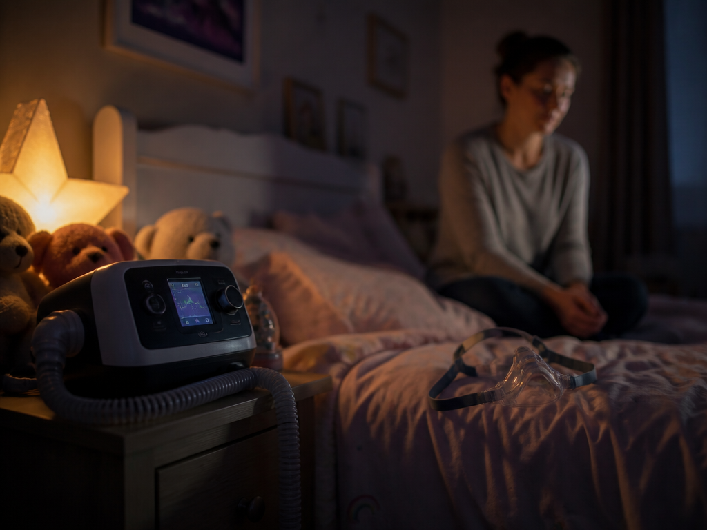A photorealistic nighttime scene in a softly lit child's bedroom, captured at eye level…