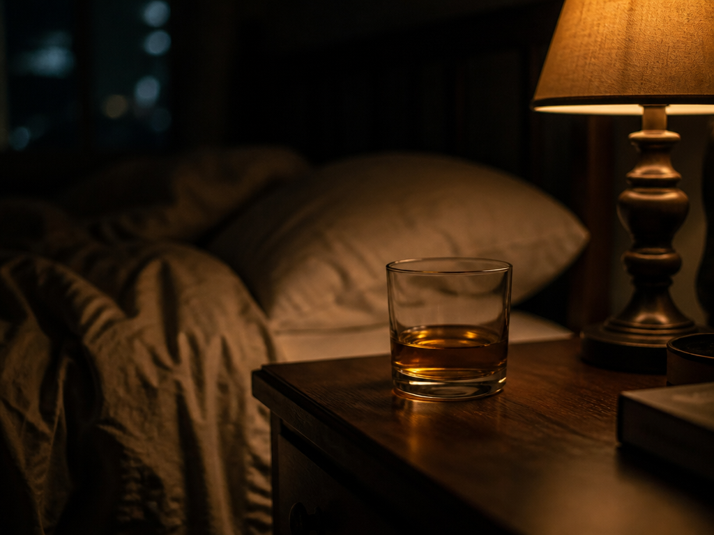 A moody, intimate nighttime photograph of a dimly lit bedside scene: a single half-full…